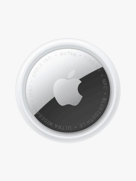 Apple Airtag in branded component on a light gray background