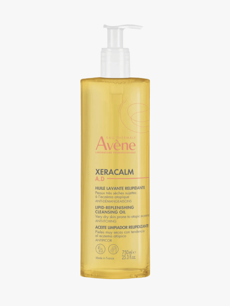 Eau Thermale Avène XeraCalm A.D Lipid-Replenishing Cleansing Oil in branded clear bottle with pump on light gray background
