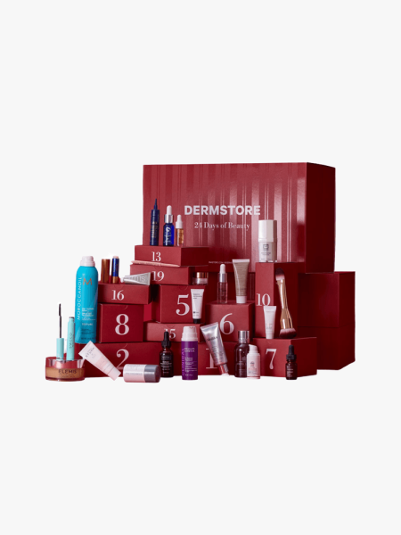 Best of Dermstore 24 Days of Beauty Advent Calendar in multiple branded components on a light gray background
