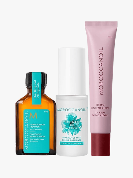 Moroccanoil The Essentials Suite in multiple branded components on a light gray background